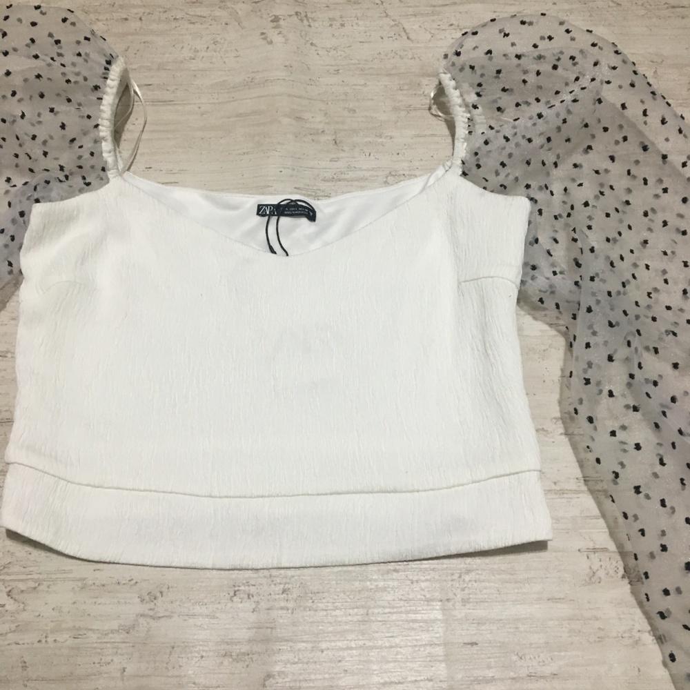 DOTTED MESH PUFF SLEEVES POLKA DOT CROP TOP - Picture 4 of 8